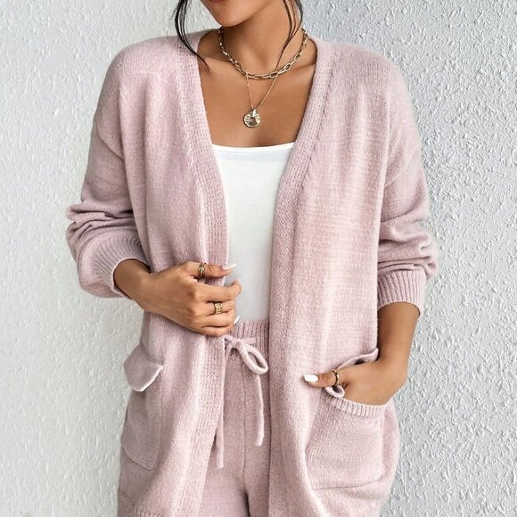 Pink Casual Womens Drop Shoulder Cardigan & Tie Front Knit Pants - Picture 4 of 6